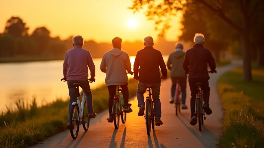 Grupė seniorų ant dviračių važiuojanti vasarą Kauno pakrantėje