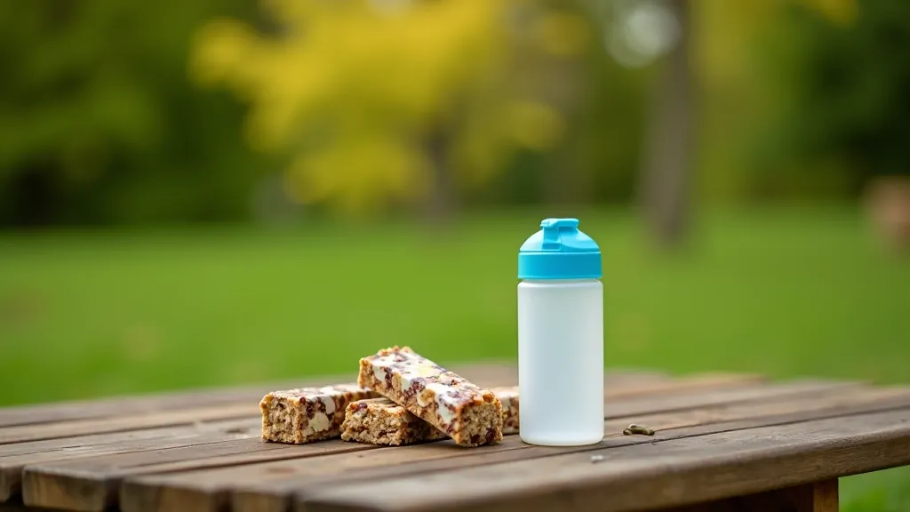 Dviračio vandens butelis ir energetiniai batonėliai pastatyti ant mediniu stalo prie Panemunės pakrantės